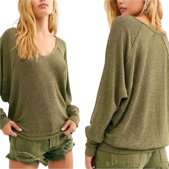 Free People Santa Clara Thermal Knit Top Oversized V-Neck Dolman Women’s SzXS,M - Picture 1 of 16